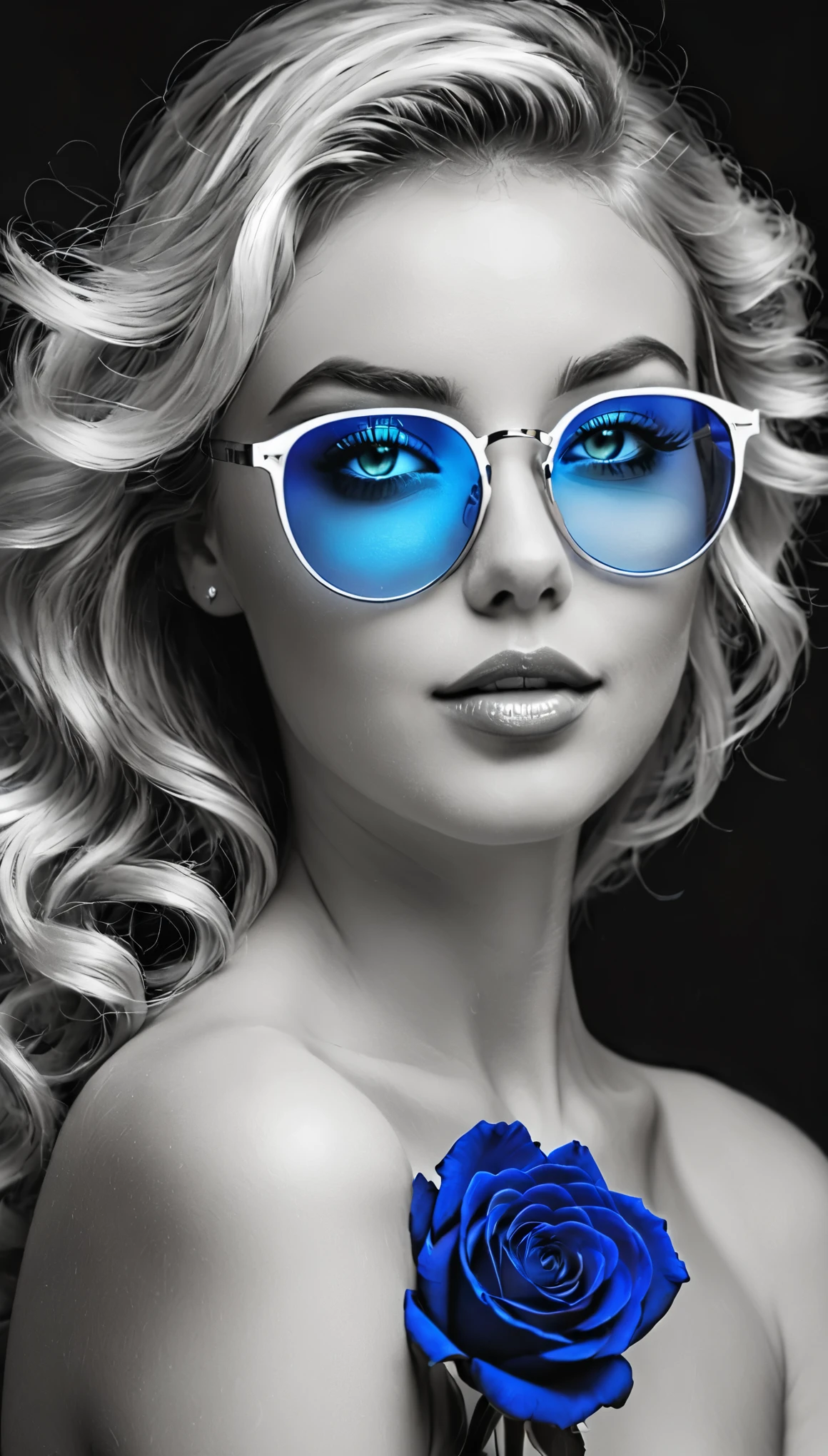 Photo noir et blanc et bleu profond, une femme heureuse et rayonnante de bonheur aux yeux bleus sublimes, (longs cheveux aux reflets bleus électriques très détaillés), une grande paire de fines lunettes en titane , une peau impeccable, tir à moitié du corps, tenant une rose darkblue, intensité du regard captivant, style de photographie fantaisiste, capturé avec un appareil photo, Cinématique, Éclairage dramatique, Extrêmement clair, masterpiece surréaliste à couper le souffle.
