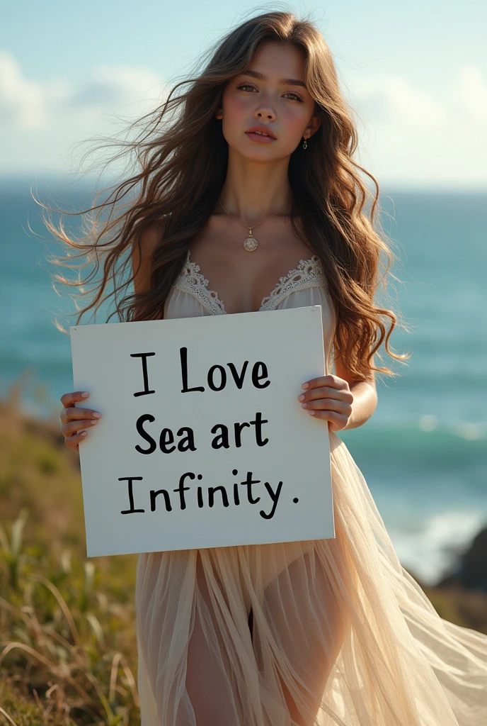 Beautiful girl with wavy long hair, bohemian dress, holding a white board with text "I Love Seaart Infinity" and showing it to the viewer