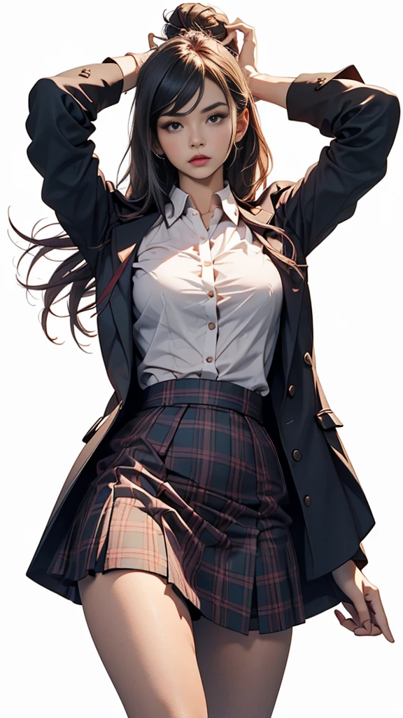 Simple color palettes, Woman 25 years old, elegant, clean, sharp designs, flowing silhouette, (Best Quality,artwork, 8k), (Dressed like a sexy schoolgirl), revealing outfit, short tight skirt, Checkered skirt design, Simple silhouettes, Minimalism, High quality materials, cool and urban print,