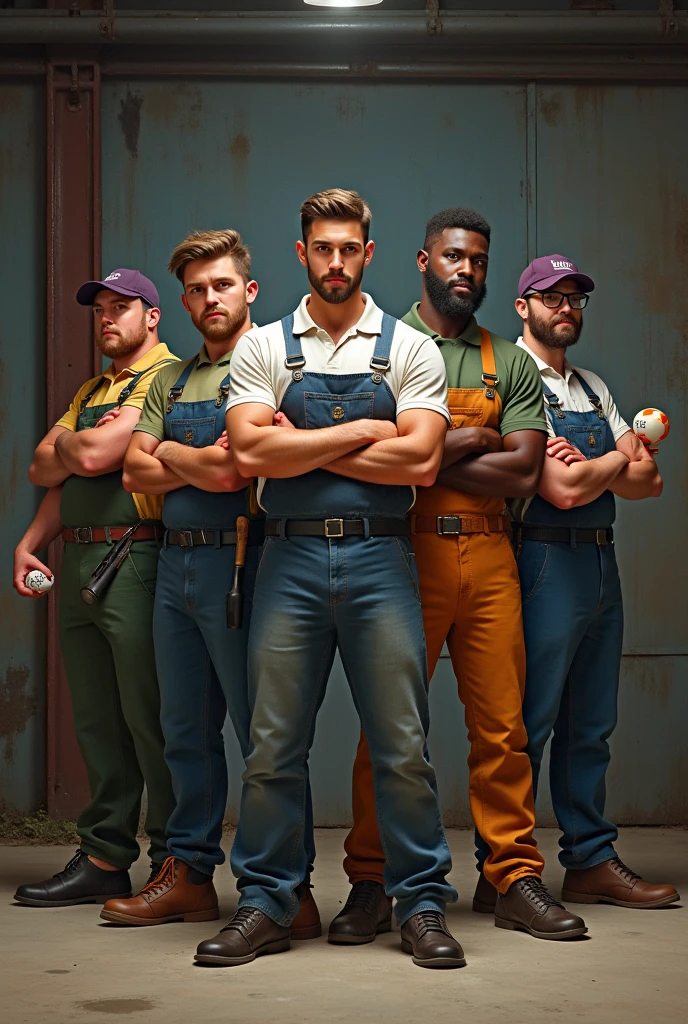 To create this image, follow these steps:
1. **Environment Configuration**: The industrial shed must have a background that resembles a work environment, with elements such as metal walls, visible tools and equipment, but not too detailed so as not to divert attention from the protagonists.
2. **Friends' Posture**: five male friends, Position each friend in a pose that exudes confidence and seriousness.. They may be standing or working on welding 3. **Objects**:
- **Table Tennis Racket**: A friend holds the racket firmly, ready for the game.
- **Futsal Ball**: Another friend holds the ball, perhaps with a slight tilt to show that he is ready to kick or pass.
- **Truco Deck**: A friend holds a deck of cards, perhaps showing a card trick or just holding it confidently.
- **Again**: Another friend holds a bocce ball, with a steady hand and a ready stance to throw.
- **Welding Tool**: The last friend holds a soldering tool, with a focused look and a posture that suggests he is about to get to work.
4. **Lighting and Details**: Use lighting that highlights your friends and the objects they are holding., creating an atmosphere of intense preparation. Add shadows and subtle details to give depth and realism to the scene.
5. **Final Touches**: Make sure each friend is dressed in a way that reflects the industrial environment., with clothes that are suitable for a shed, like overalls or work shirts.
I don't want them side by side, half spread, and not everyone with a good shape is chubby, with cap, and one with glasses.