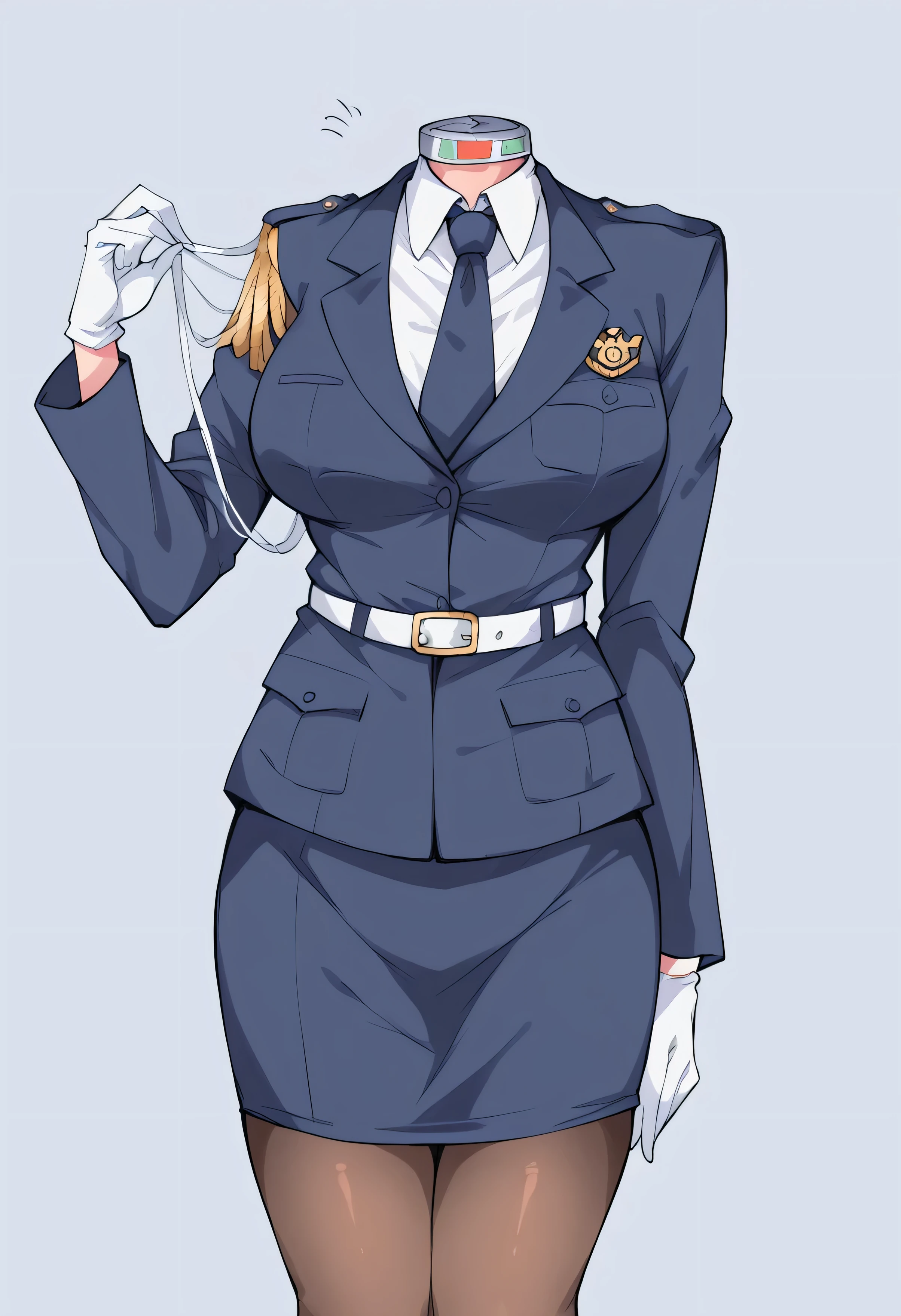 score_9, score_8_up, score_7_up,(source_anime,2D:1.0), high res image,masterpiece,best quality, mature woman, headless, simple background, police, police uniform, skirt suit, blazer, (((white belt))), necktie, white gloves, white lapel trim, tight clothing, bodycon miniskirt, epaulettes, high heels, pantyhose, anime style,(zPDXL),headless,control collar,what,Dullahan,1girl,solo,holding,