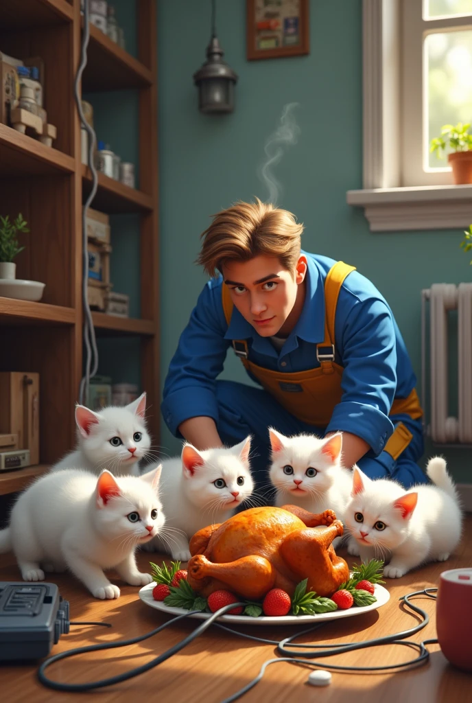 White cats stealing roast chicken from an engineer installing internet 