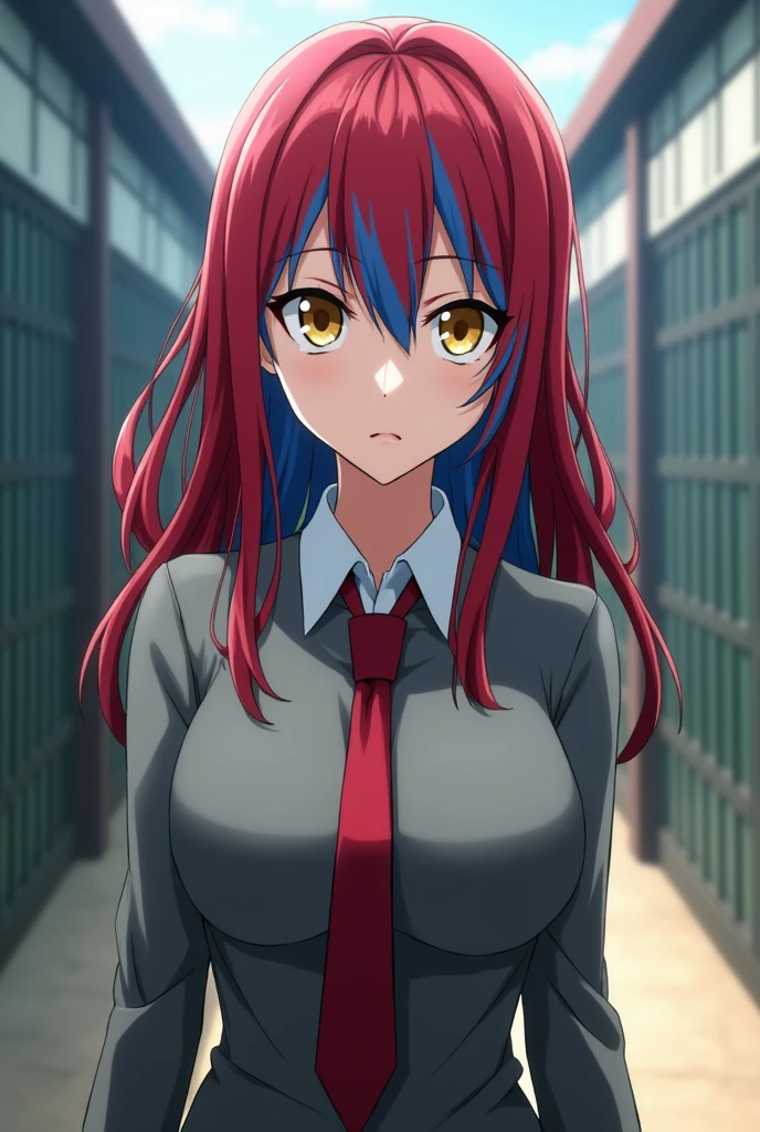Boku no hero academia screenshot, women, straight hair, redhead, with blue locks, yellow eyes, slanted eyes, grey uniform red tie walking, looking towards the camera from the front perspective.
