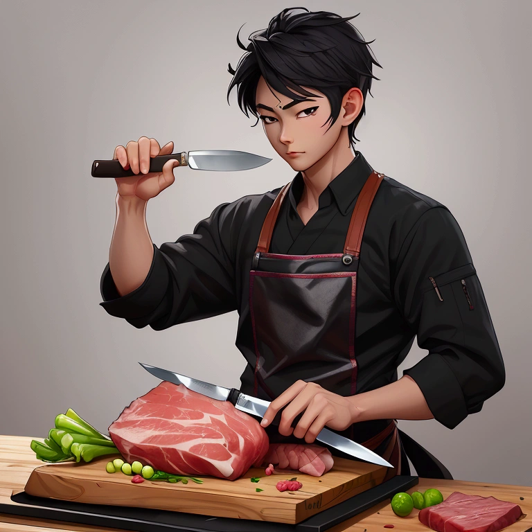 anime style butcher cutting board,knife,food,kitchen knife,male focus,独奏,holding knife,Meat,holding,1boy,onion,(Food close-ups:1.1),