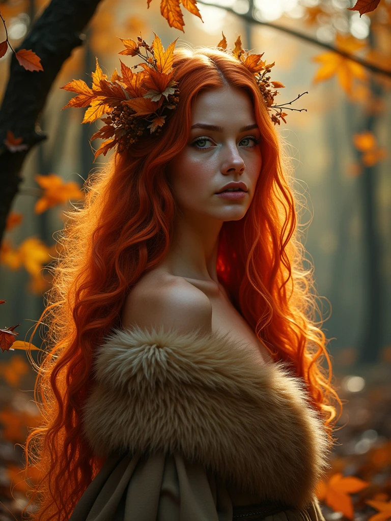 a woman with long red hair standing in a field, digital art, inspired by Anka Zhuravleva, orange and brown leaves for hair, long curly fur, photograph captured in a forest, with the sun shining on it