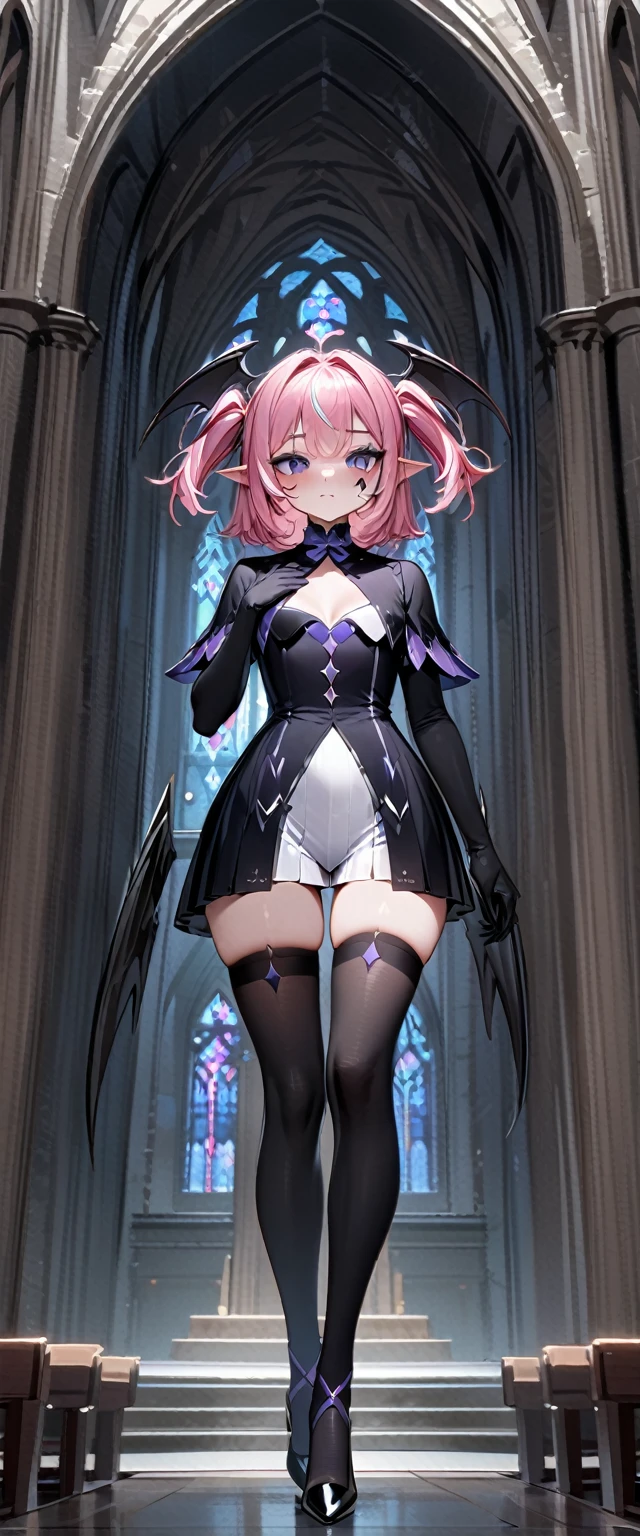 UHD, masterpiece, best quality, extremely detailed, anatomically correct, sharp focus, Midnight, Church , altar isle, 1girl, solo, camilavtuber, pink hair, short hair, shoulder length hair, black head wings, twin tail hair, purple eyes, facial mark, black arm sleeves, slim arms, black gloves, small chest, single back wing, ((long black gown)), slim legs, black thighhighs, black high heels, full body ,close-up shot, innocent pose, from below, front view, innocent pose