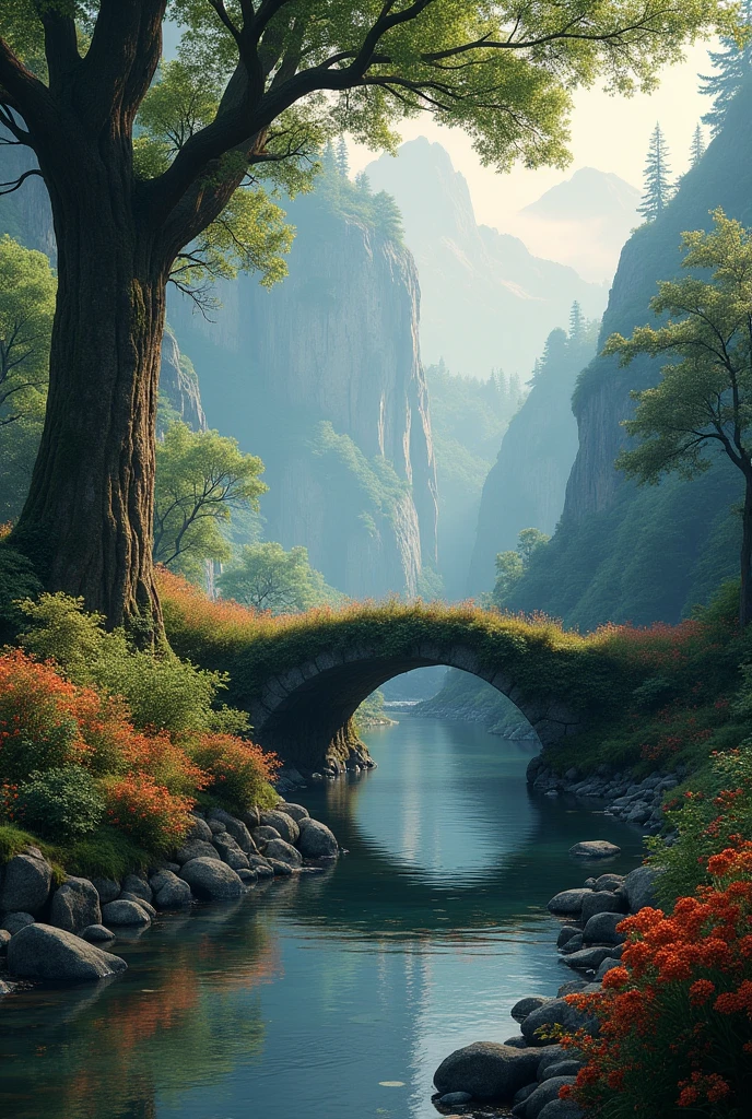 Scene conceptual design Tyndall Effect forest Mew vitality flowers and plants river  write or paint realistically dusk crosswise ancient tree bridge huge mountain




