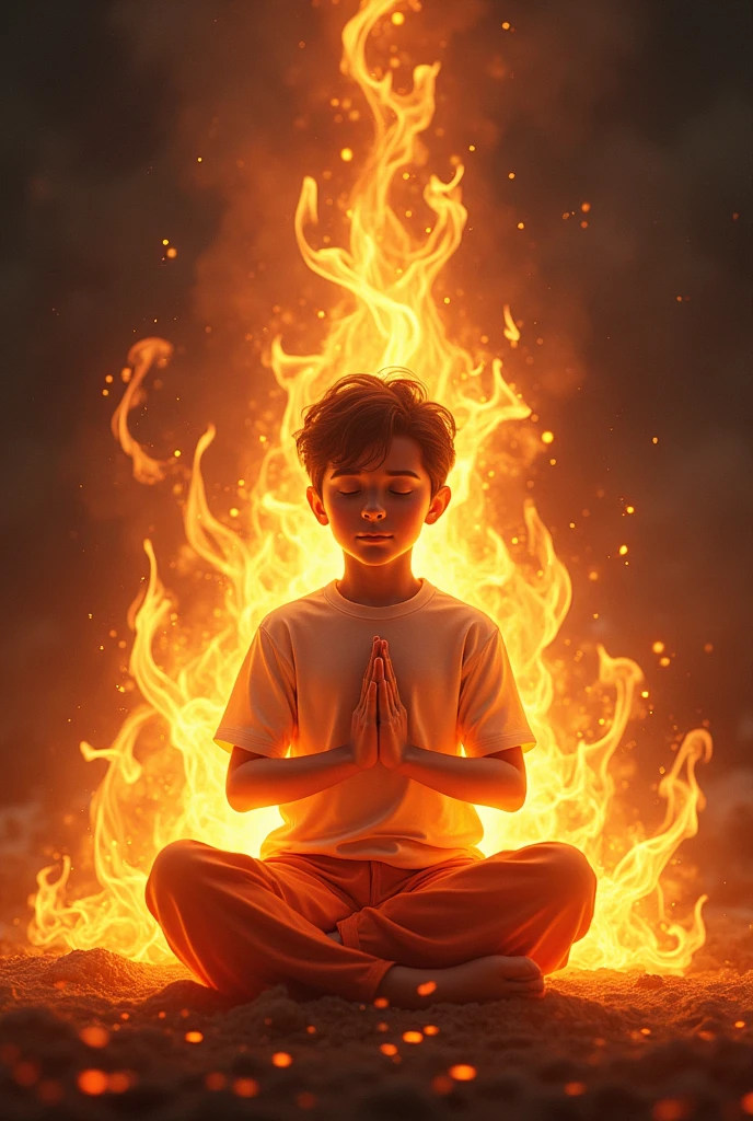 A boy sitting inside fire flames doing namaste eyes closed