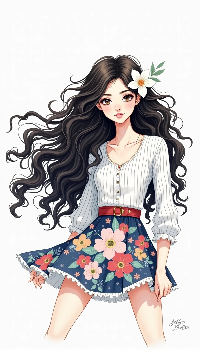 chibi,Watercolor illustration, Centered art. The image shows a charming Russian woman with long, curly blonde hair blowing in the wind., she is in a graphic designer style looking at the camera. She is wearing a black jacket and floral skirt., with a striped blouse underneath, adding a pop of color to your look. A white flower adorns her head, Complementando seu visual. She is standing against a white background.