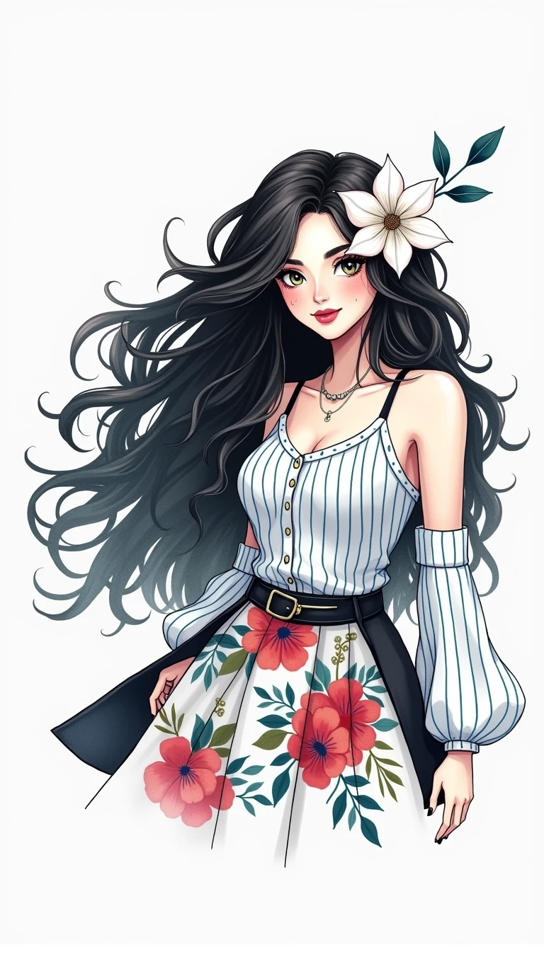 chibi,Watercolor illustration, Centered art. The image shows a charming Russian woman with long, curly blonde hair blowing in the wind., she is in a graphic designer style looking at the camera. She is wearing a black jacket and floral skirt., with a striped blouse underneath, adding a pop of color to your look. A white flower adorns her head, Complementando seu visual. She is standing against a white background.