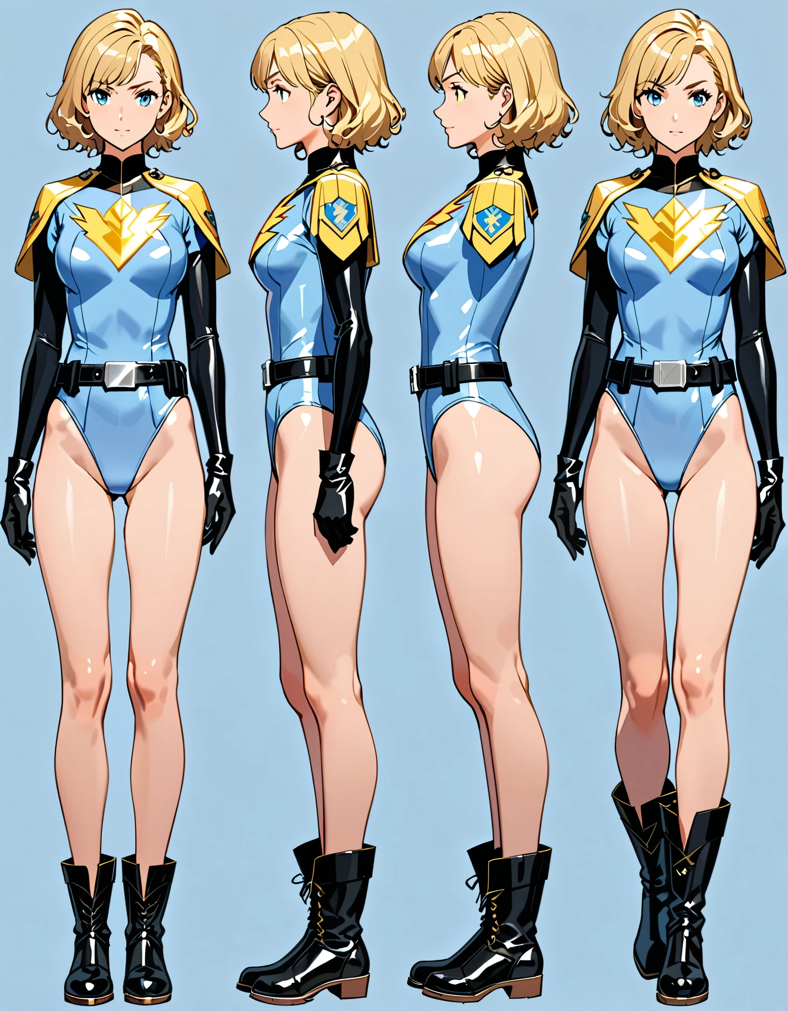 masterpiece, best quality, hires, 1girl, equal height, medium breasts, ((leotard, light blue leotard)), long sleeves, ((lighting bolt \(emblem\) on chest)), (bare legs), ((fastened tight belt)), black boots, matching boots, black gloves, solo, single, standing, superhero, beautiful detailed eyes, beautiful detailed face, blonde hair, (short hair), wavy hair, mature lady, teacher, perfect body. Simple background, Multiple Views, Character Sheet Full-Length.