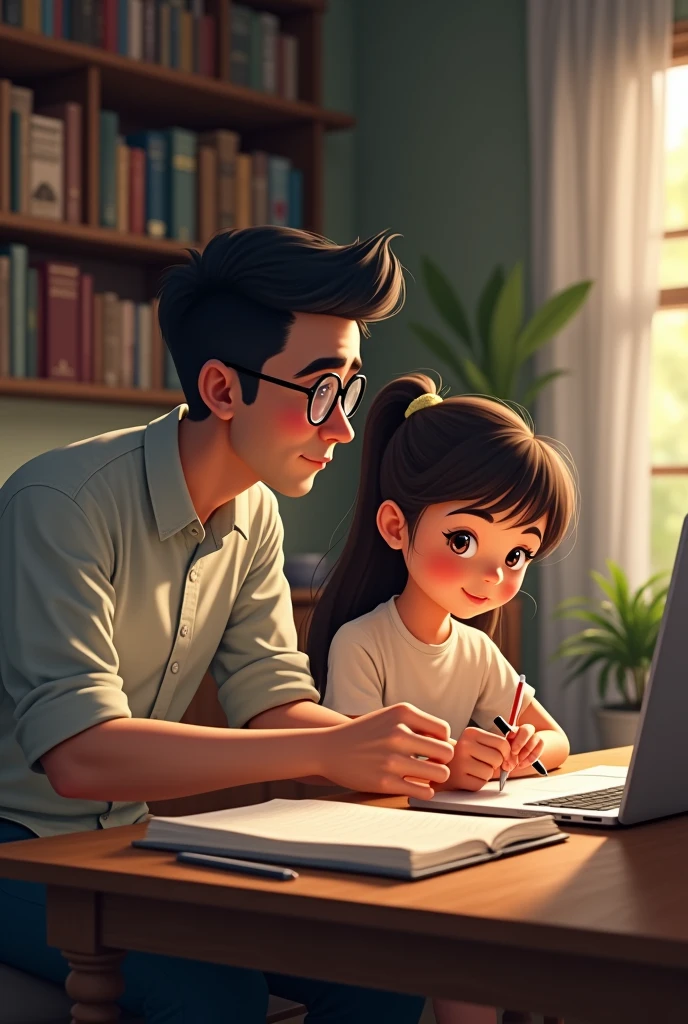 Young Father with glasses and black hairs teaching journalism to his little daughter