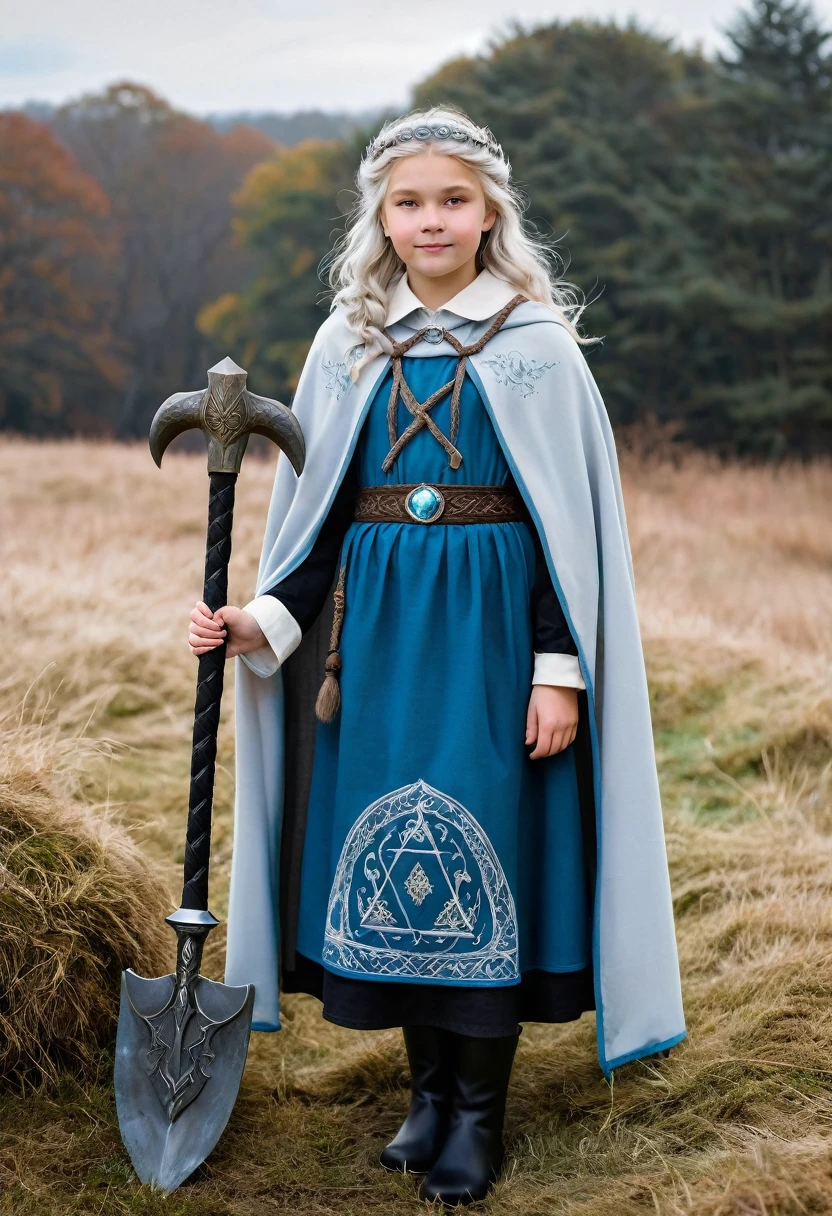 A beautiful photo of tween wearing a Norse style charcoal grey woolen gown with elegant pale azure blue princess style apron, runes of family, love, healing and protection are embroidered along it, with knee high stockings, white doeskin boots, and a beautiful cloak with silver white collar, has golden white hair. The hairstyle is elegant loose waves with a Dutch braided crown with a silver diamond circlet with a triforce gem, holding a magical axe, white leather magic bag, warrior princess, shadow cat is a pale grey-white, the color of thick mountain morning mist, beautiful plus sized girl, 12k, ancient Norse, saggy breasts, wide hips