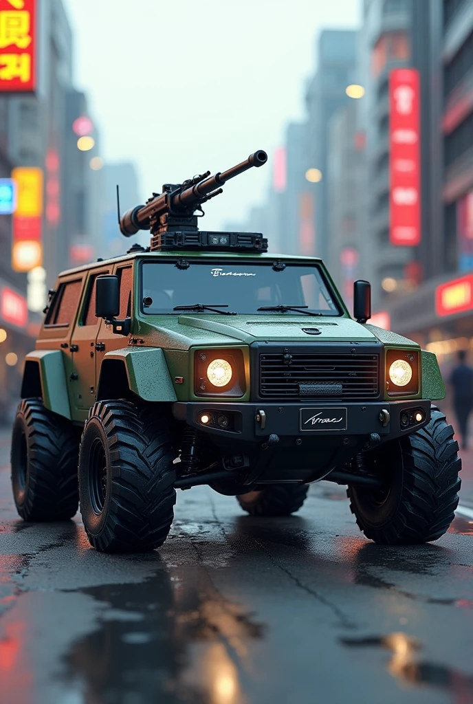 South Korean all-terrain tactical vehicle, transiting in the city of Seoul, equipped with a machine gun in the upper turret, wide angle, octane rendering, volumetric lighting, ultra detailed, intricate details, golden ratio, 3D image, resolution 64K. Photographic style: Canon EOS 90D Camera, lente 50mm, F2 aperture.5