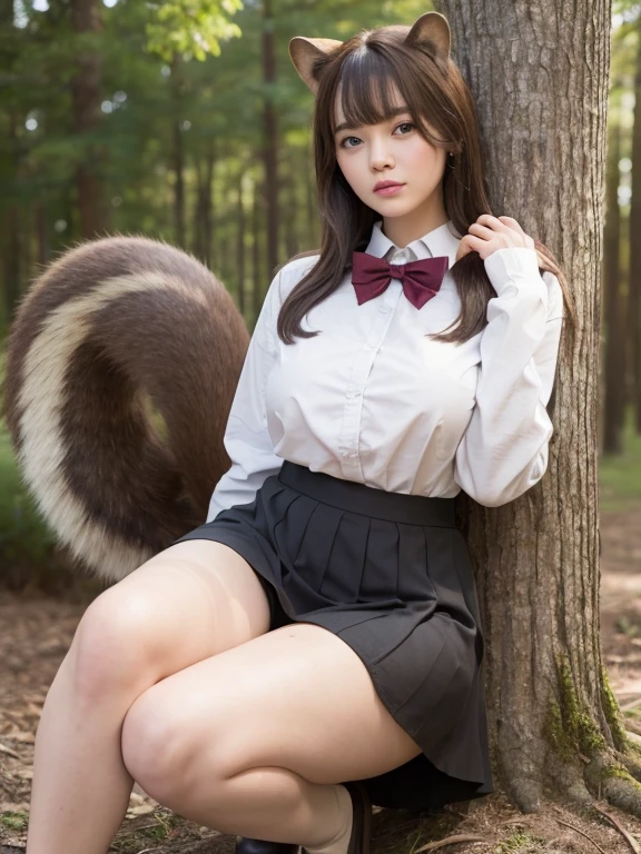 ((Highest quality, 8k)), ((masterpiece)), (Highest Resolution), Perfect Face, Squirrel-eared woman, Female college student, Beautiful woman, public, One tail, she has thick thighs, Big squirrel tail, She has a brown squirrel tail., She wags her tail, Troubled face, Fur collar, She is wearing a short skirt, Beautiful Hips , Big Breasts, The skirt is rolled up with a big tail