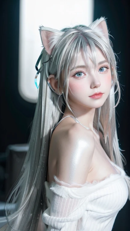 masterpiece, 4K, Highest quality, Bokeh, Consciousness upward,1 perfect portrait of a girl, Colorful Hair, (Silver+White and soft hair:1.6), blue eyes,(Cat ear:1.3),Slim and tall figure, Fantasy Pink Background, Exposed bare shoulders, Long-term alienation_sleeve, Lean forward slightly, shy, Tilt your head ,Cinema Lighting,Larger clothes, (Seductive pose:1.3),