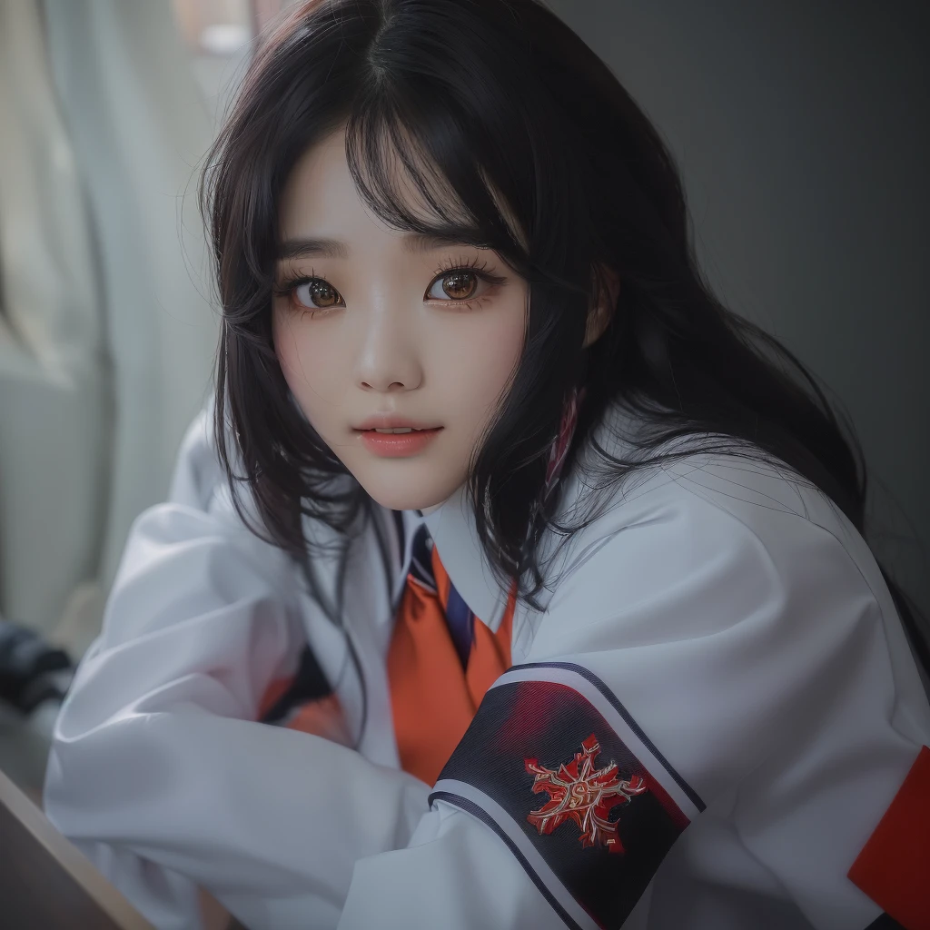 There is a woman sitting with a tie, Korean Girls, Portraits of Korean female idols, Girl in uniform, Super villain IU Lee Ji-eun, Sailor suit with loose coat collar, Jaeyoung Nam, Surreal school girl, sakimichan, palace , Girl in Han Dress, Real life anime girls, Ulzzang