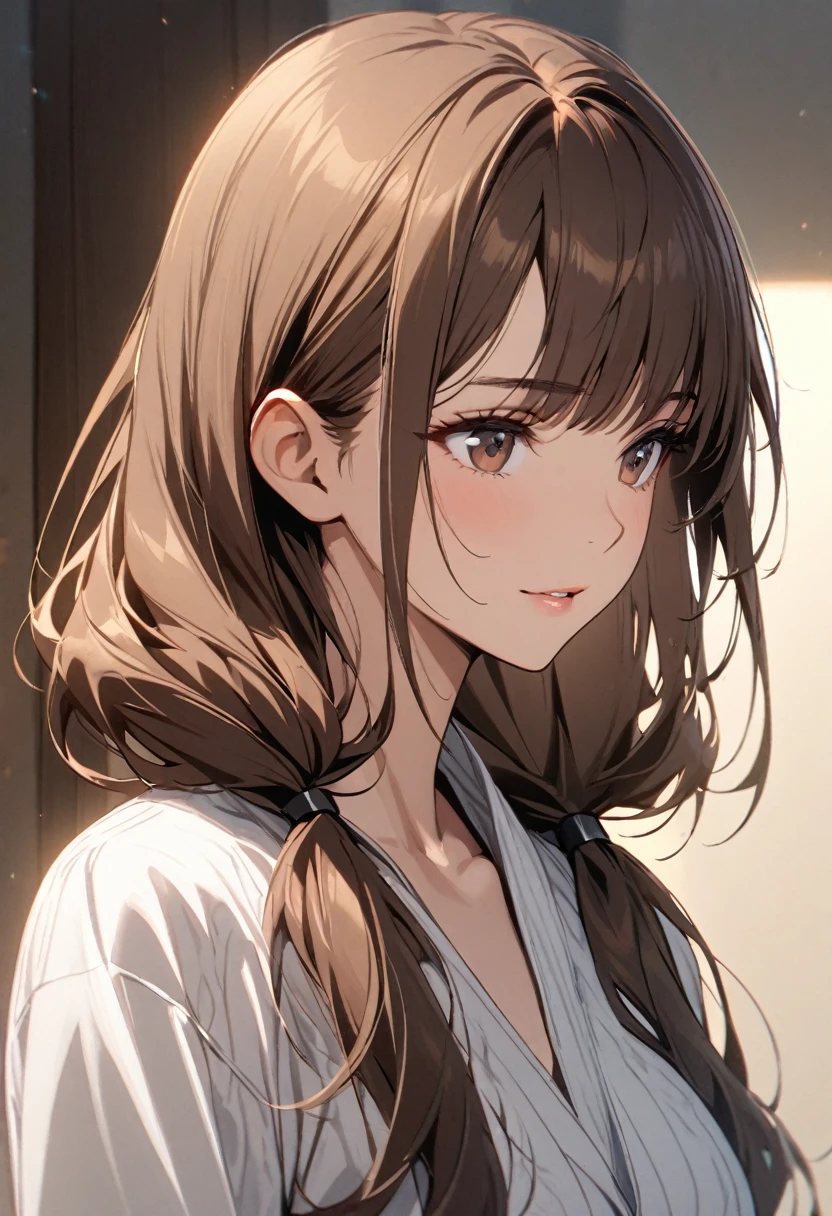 Solo, 1girl, Long Hair, low twin tails, brown hair, dark brown eyes, mature, high detail,  adult, calm, bangs swept to the side
