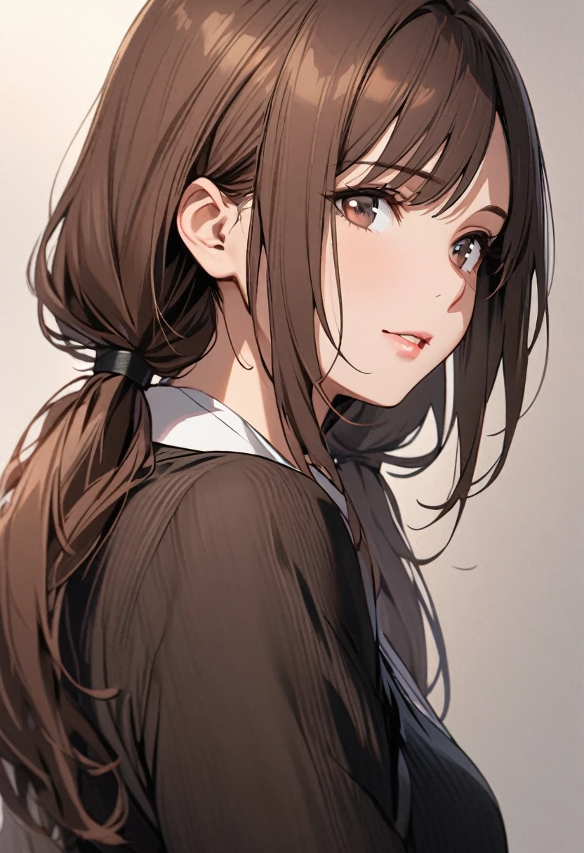 Solo, 1girl, Long Hair, low twin tails, brown hair, dark brown eyes, mature, high detail,  adult, calm, bangs swept to the side