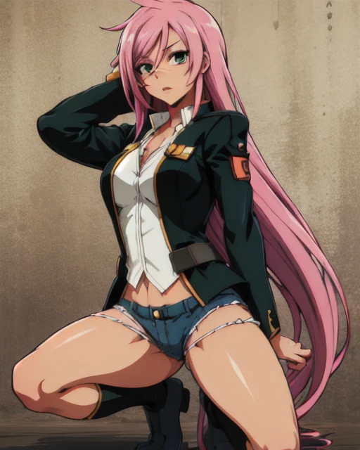 (masterpiece, best quality, high resolution), face,upper body,   full body, bulletms, 1girl, scar , jacket, long pink hair, green eyes, denim short shorts