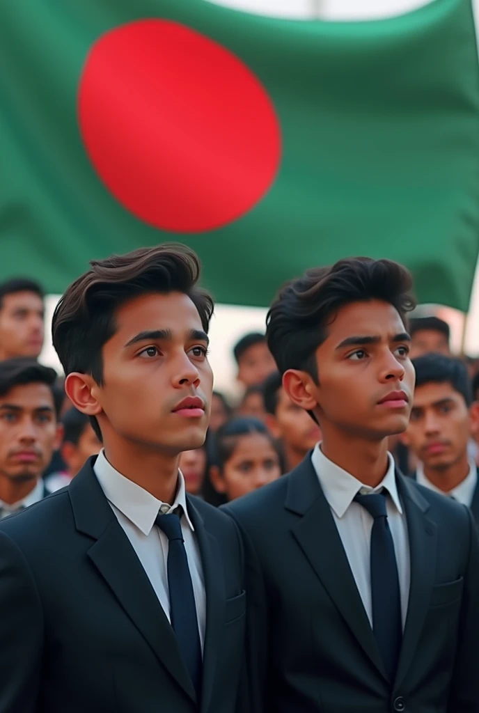 Two male politicians who are aged ager and wearing suit giving speech and their face in clearly visible from front with teenstudents in a wide background in Bangladeshi environment and Bangladesh flag is seen