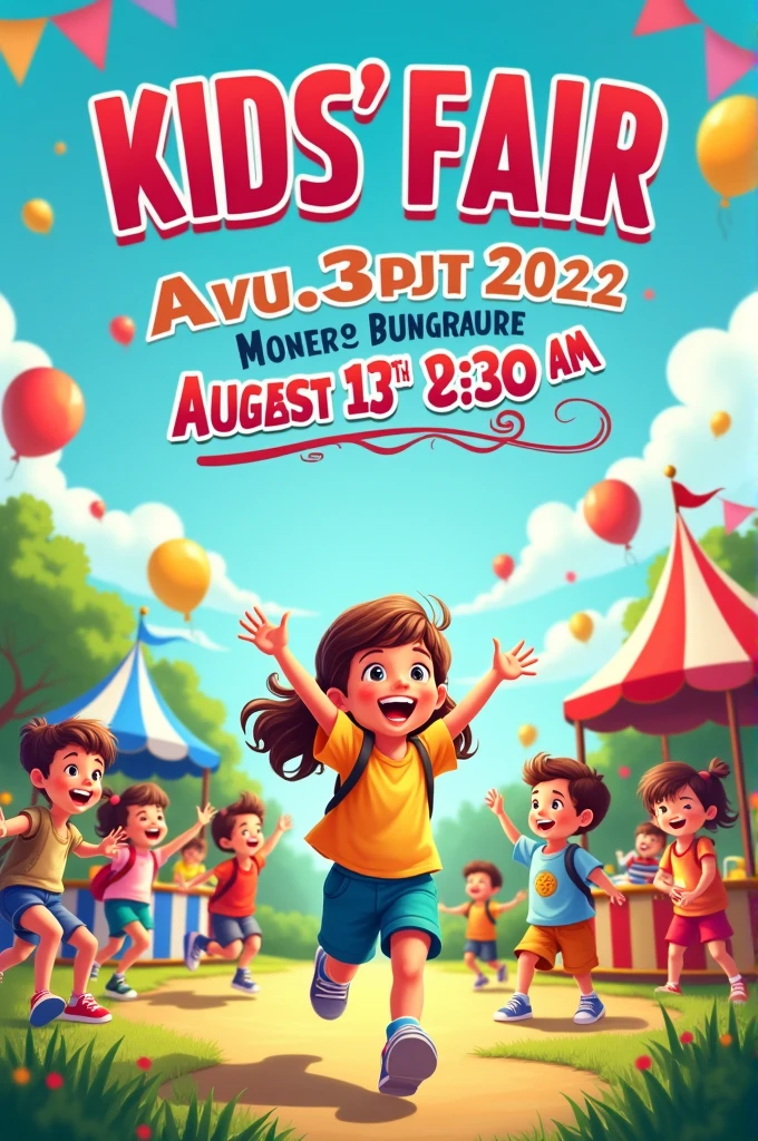 I need a poster regarding kids fair.
It must be looking very very good.
Date : 13th august 2024 (tuesday)
Time : 8:30
At play ground
Thihariya international school
