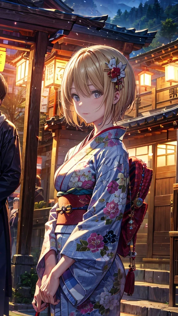 Blonde、Short Hair、cool、Beauty、Medium breast、Long-sleeved kimono、Background Shrine