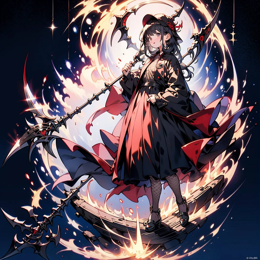 Highest quality、Masterpiece、Official Art、Perfect Face、Fishnet tights, Fairy, One girl, dark, military scythe,Many red spider lilies、
