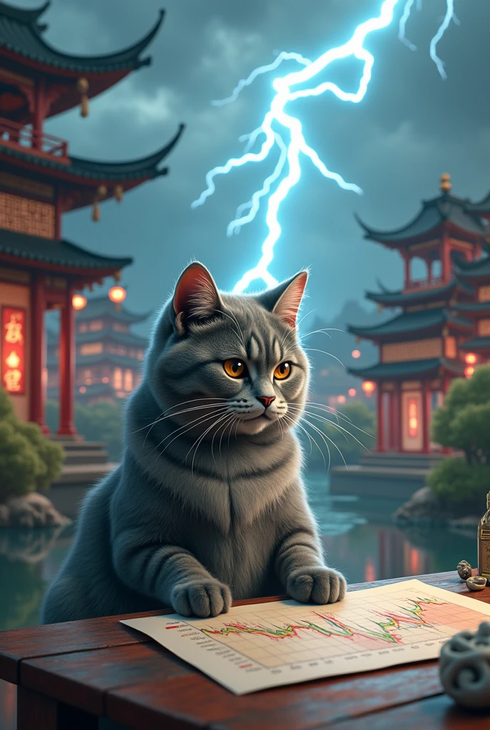 The gray cat understands investment and financial management. The lightning appears and scares the cat. The Chinese style background has a K-line chart.