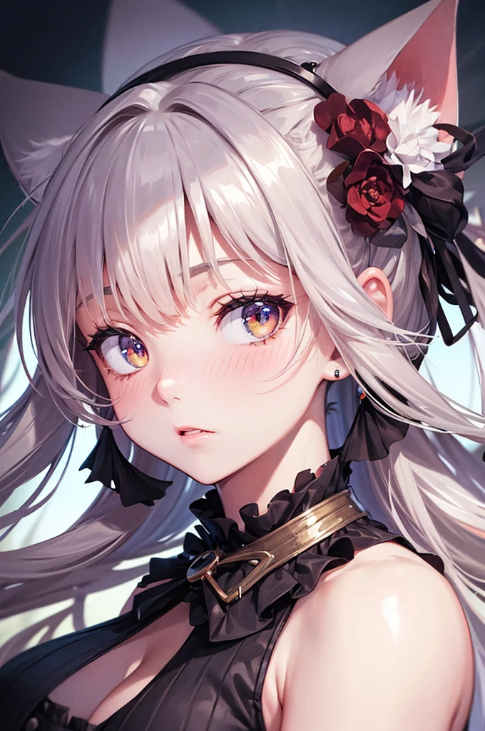 Close-up of a 20 years old girl wearing a dress and cat ears, anime girl, frilled pastel colored summer dress, choker, big rounds breasts, dark brown hair, gradient bangs with red tips, french braid, bangs over shoulder, long hair, wavy hair, shiny hair, hairclip, hair flower, aqua eyes, pupils sparkling, glowing eyes, earrings, cat ears, shy, blush, nervous, puckered lips, nose blush, glossy lips, high detail, anime, anime style, cinematic lighting, dithering, image fill, first-person view, perspective, Wide-Angle, f/1.8, 85mm, Sony FE GM, 8k, super detail, UHD, retina, masterpiece, accurate, anatomically correct, textured skin, high details, best quality, highres, 16k