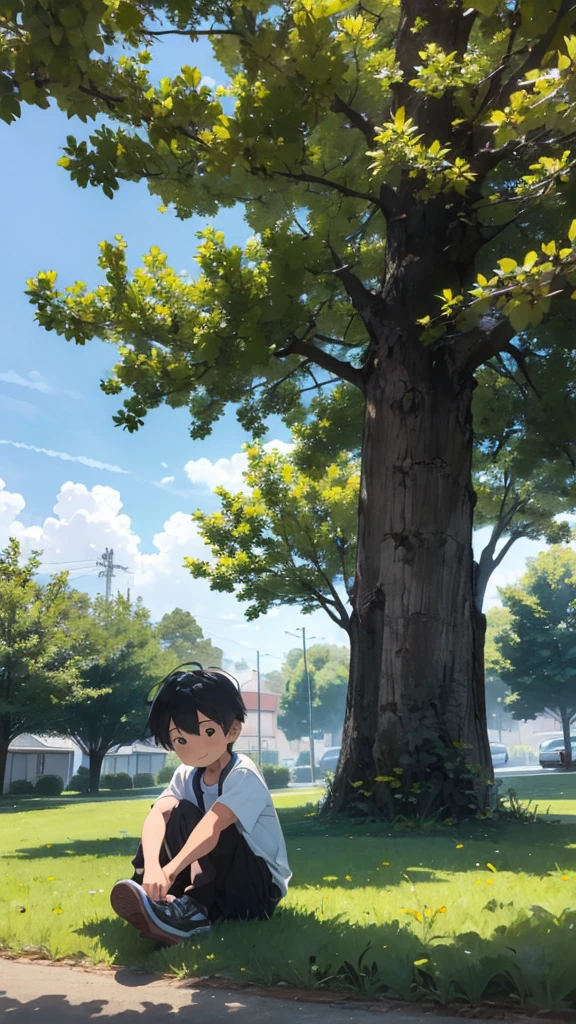 There is a boy sitting on the grass under the tree .
He is looking happy and he is a small boy.
It is a natural place . No more people is available. Huge area