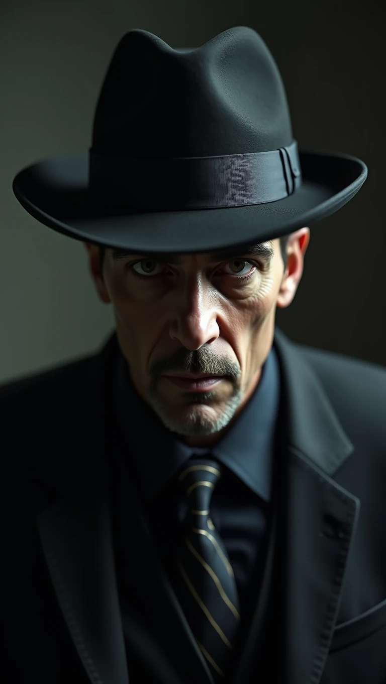 A realistic 8k image of Santos Dumont, wearing a hat that covers his eyes and making direct eye contact with the viewer, in a dark and mysterious style.