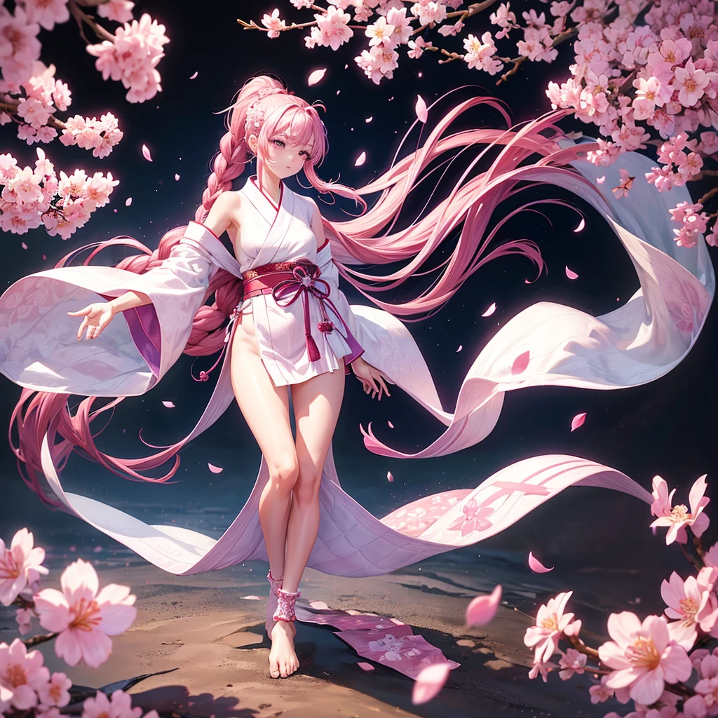 Girl, , fair skin, long pink hair braided in a ponytail, purple eyes, white yukata with open legs and sakura petals, slender, beautiful bare feet, black belt, white gloves, red sakura flowers, pink long cloak with a pattern, cherry blossom tattoo on leg, detail, perfect, ankle bracelets