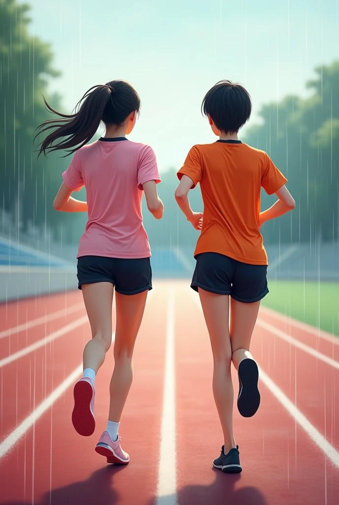 Create a image in which two girls are jogging their back faces should be seen the background is little rain in morning
The first girl should be wearing plain light pink jersey with black shorts and light pink shoes and her hairs should be small like above neck
The second girl should be wearing plain orange jersey with black shorts and hairs till neck black sport shoes and hairs should be small and height should be slightly shorter than her and shorts slightly above thigh and both girls  are slim
The background should be in stadium running track
Both girls should have same height and hairs till neck 