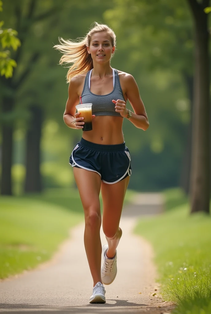 A beautiful young woman running in shorts and sportswear through a park with a drink in her hand