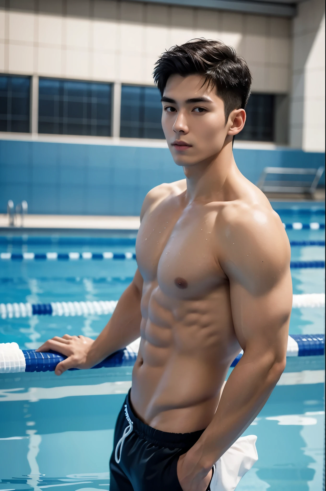 One male, Realistic, 8k full body portrait, good looking, 20-year-old male, Attractive appearance, Detailed face, A swimmer is waiting for the results to be announced at the pool, A swimmer is getting ready on the starting block,Bikini pants,Upper body naked,Japanese