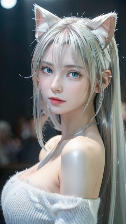 masterpiece, 4K, Highest quality, Bokeh, Consciousness upward,1 perfect portrait of a girl, Colorful Hair, (Silver+White and soft hair:1.6), blue eyes,(Cat ear:1.3),Slim and tall figure, Fantasy Pink Background, Exposed bare shoulders, Long-term alienation_sleeve, Lean forward slightly, shy, Tilt your head ,Cinema Lighting,Larger clothes, (Seductive pose:1.3),
