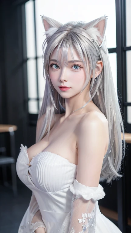 masterpiece, 4K, Highest quality, Bokeh, Consciousness upward,1 perfect portrait of a girl, Colorful Hair, (Silver+White and soft hair:1.6), blue eyes,(Cat ear:1.3),Slim and tall figure, Fantasy Pink Background, Exposed bare shoulders, Long-term alienation_sleeve, Lean forward slightly, shy, Tilt your head ,Cinema Lighting,Larger clothes, (Seductive pose:1.3),