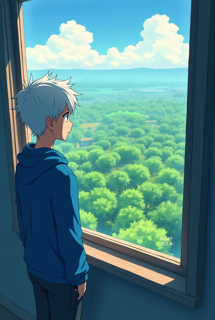 An anime boy in blue hoodie and white hair opening a window from top of a building and see greenary place down