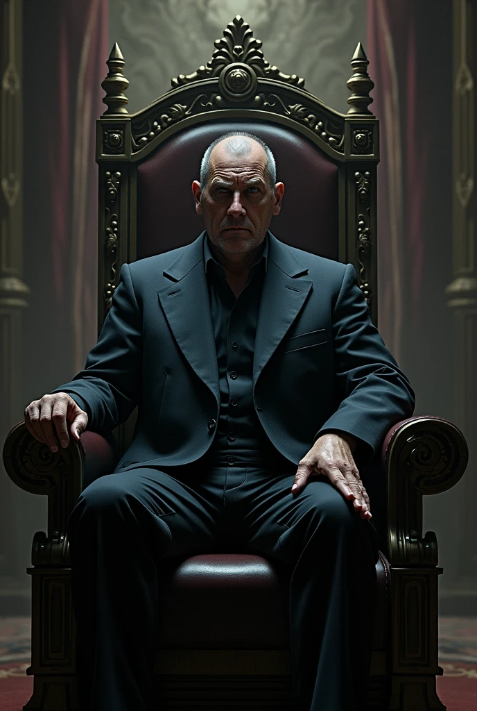 Man with dark circles under his eyes sitting on a throne looking tired and dominant