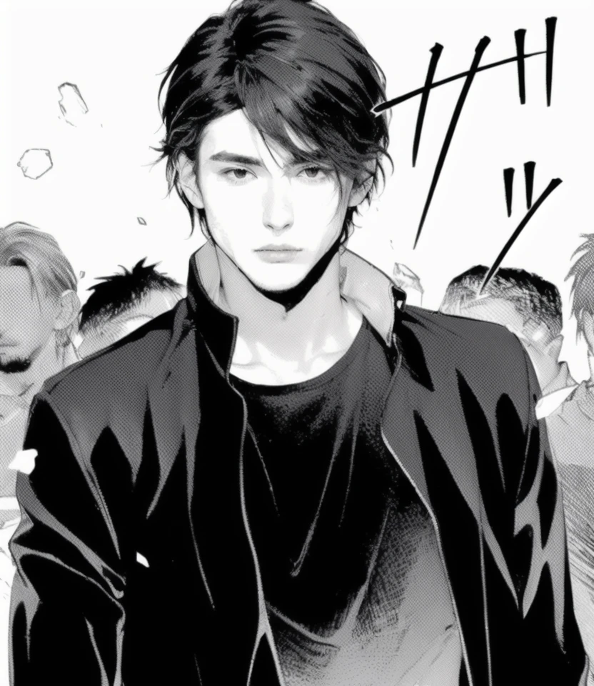 Guy with black hair with chiselled  features (sharp nose and jaw). Wearing a black shirt with black sailor blazer jacket.