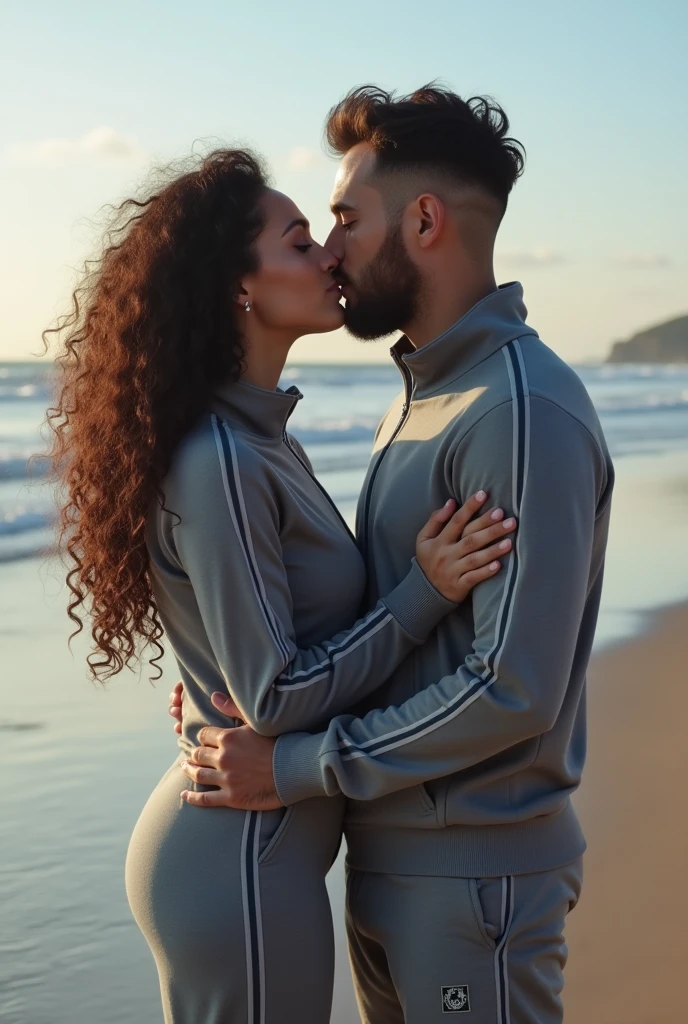 Sexy black curly hair, Woman in grey tracksuit kissing her boyfriend on the beach