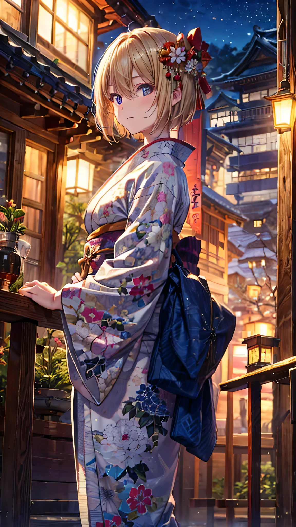 Blonde、Short Hair、cool、Beauty、Medium breast、Long-sleeved kimono、Background Shrine