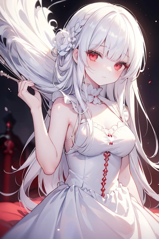 (limited palette), best quality, (((masterpiece))), (((beautiful detailed hair))), (((beautiful detailed skin))), solo, , younger, loli, (((white hair))), red eyes, (mascara), blunt bangs, ((hair over eyes)), long hair, medium breasts, frilled white dress, white frills, too many frills, rose, noble, loyal, brides hair head, (((eye focus))), (((expressionless))), blurry background, empty eyes, blank eyes, (red theme), bedroom background, looking at viewer, (((hair tucking))), (((night))), half-closed eyes, close-up, (((hair ornament))), upright body, Neatly cut bangs, braided hair behind head, sleeveless dress, smile 