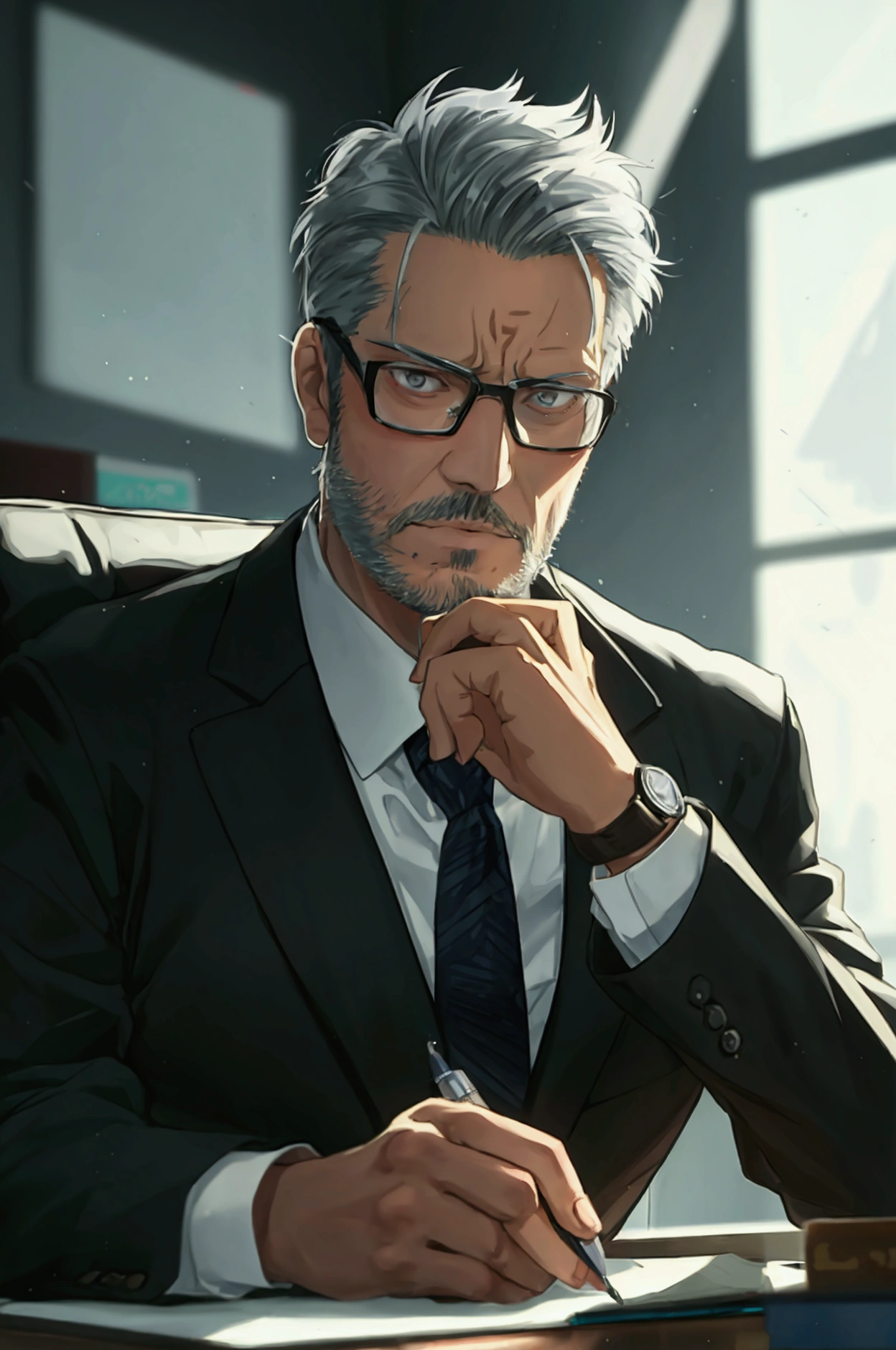Anime middle aged man in office suit with stubble who made a contract with the Demon of Absorption