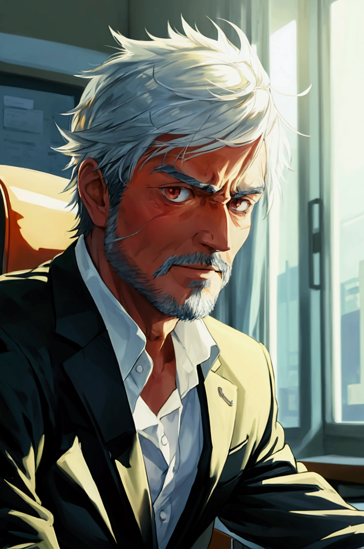 Anime middle aged man in office suit with stubble who made a contract with the Demon of Absorption