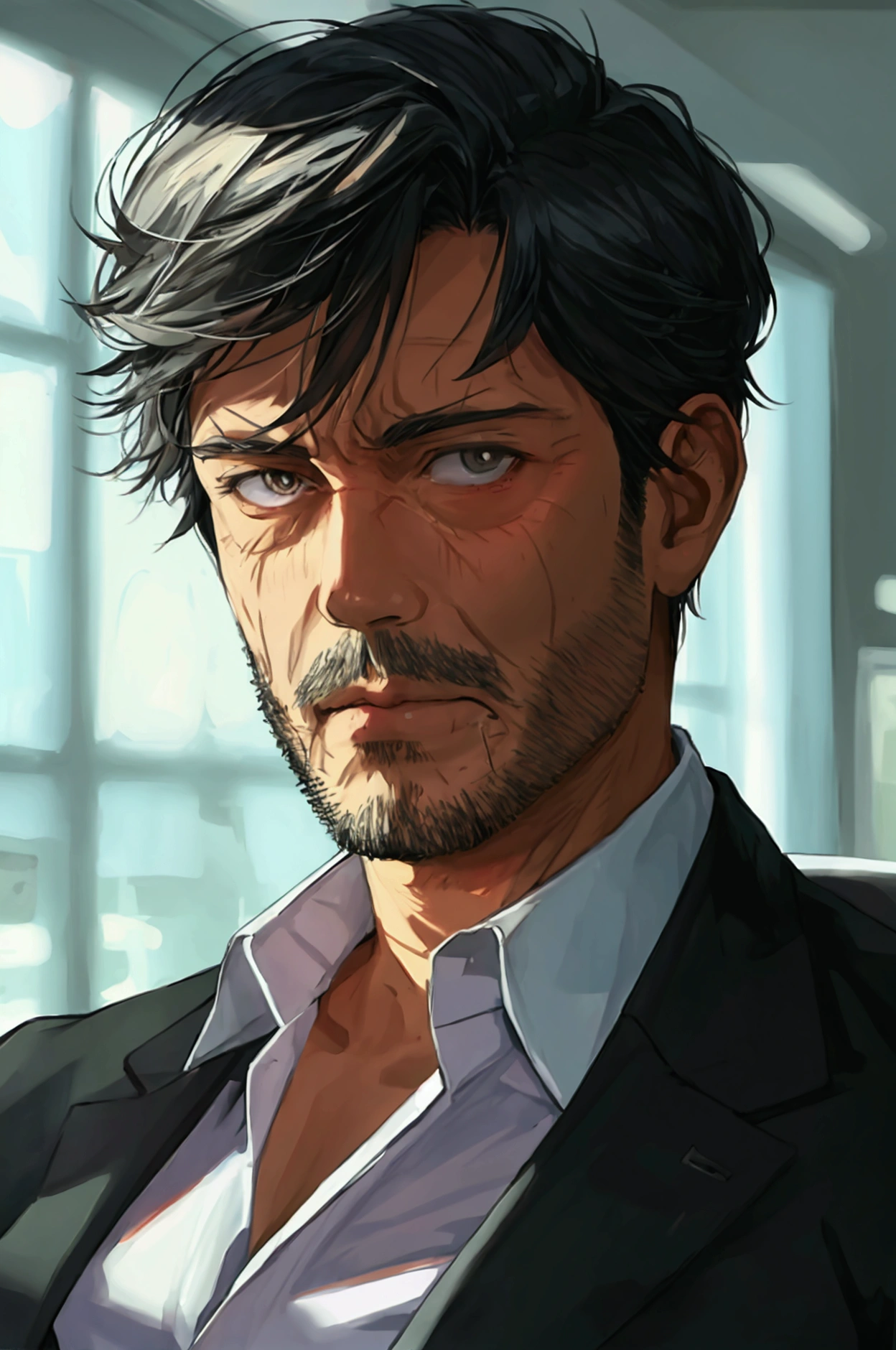 Anime middle aged man in office suit with stubble who made a contract with the Demon of Absorption 