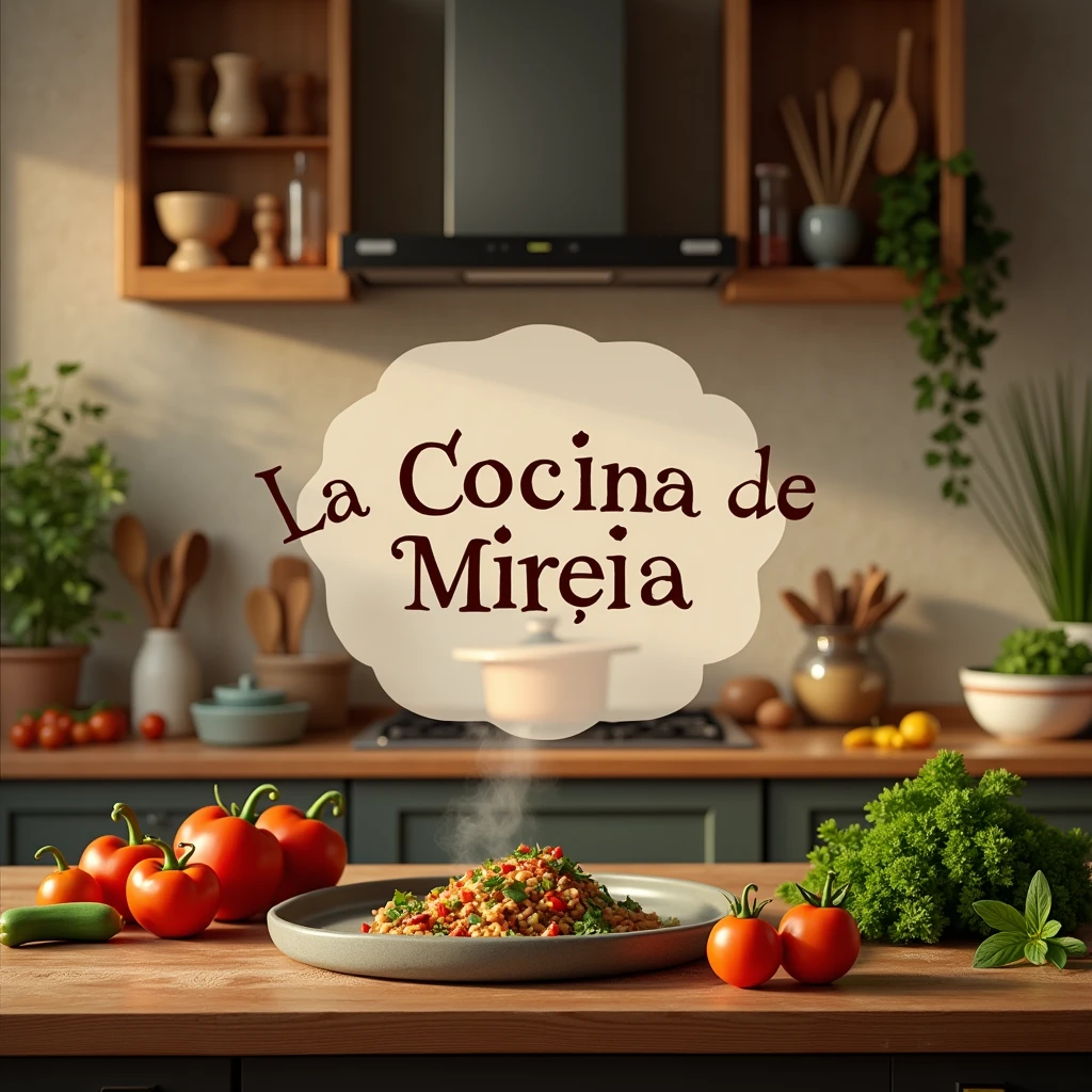 A high-quality YouTube banner (2048x1152 pixels, 6MB) for a cooking channel called 'La Cocina de Mireia.' The design should feature a warm, inviting kitchen scene with soft lighting, wooden countertops, and cooking ingredients like fresh vegetables, herbs, and spices. Include subtle cooking tools like a whisk, wooden spoon, and cutting board. In the center, the text 'La Cocina de Mireia' in an elegant, easy-to-read font, with colors that contrast well against the background. The overall aesthetic should be cozy, modern, and reflect the joy of cooking