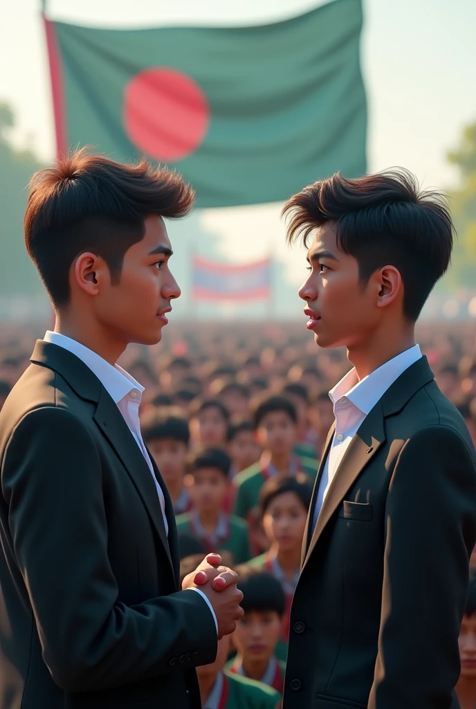 Two male politicians who are aged teenager and wearing suit giving speech and their face in clearly visible from front with teenage students in a wide background in Bangladeshi environment and Bangladesh flag is seen and there's a big banner where 'Bangladesh Nabelabirodhi Leauge' is written

