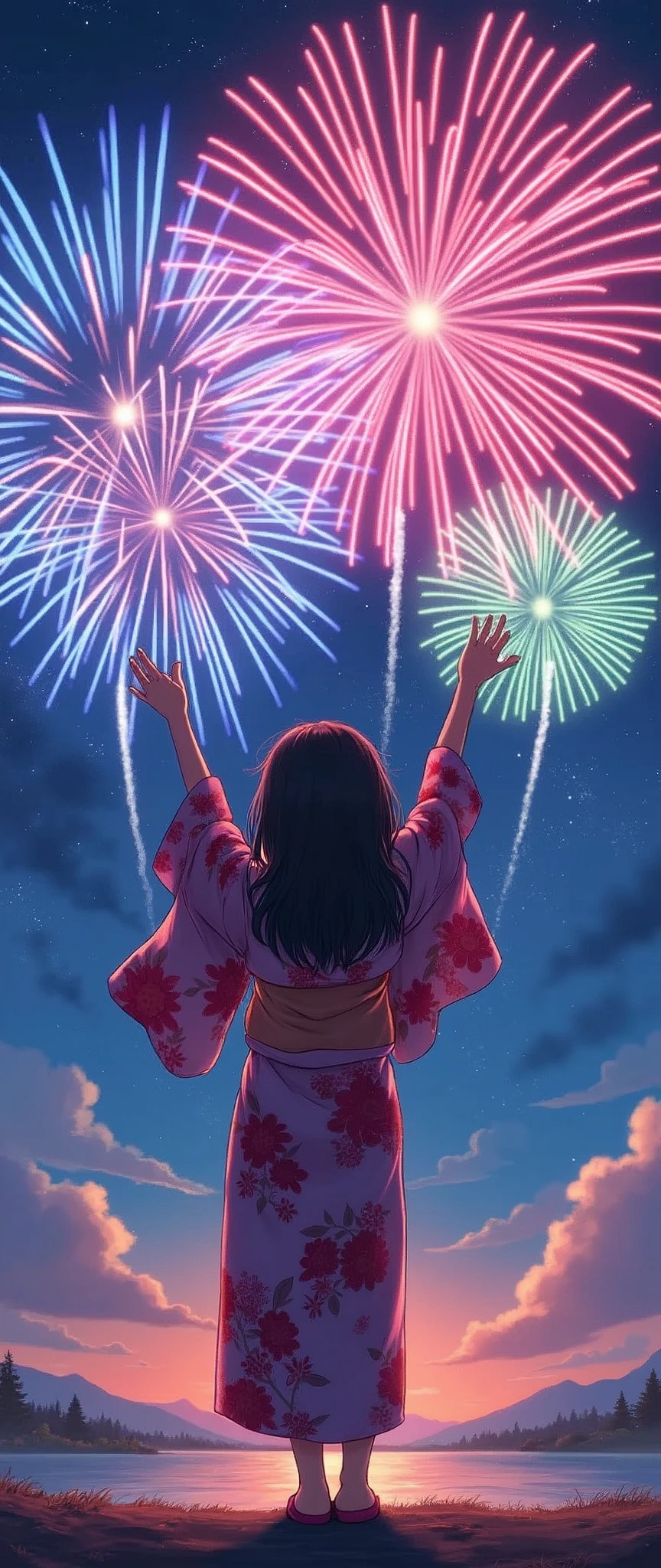 (masterpiece:1.2),(Highest quality),(Very detailed),(High resolution),8k,wallpaper,(1 female:1.5),Anime illustration,Chibi Character,cute,Girl in yukata,Look up at the sky and watch the fireworks,Rear view,break((Fireworks fill the night sky,beautiful Fireworks,Colorful fireworks)),(Beautiful night sky),(Happy expression:1.5),((From below)),(dynamic),Please raise your arms high